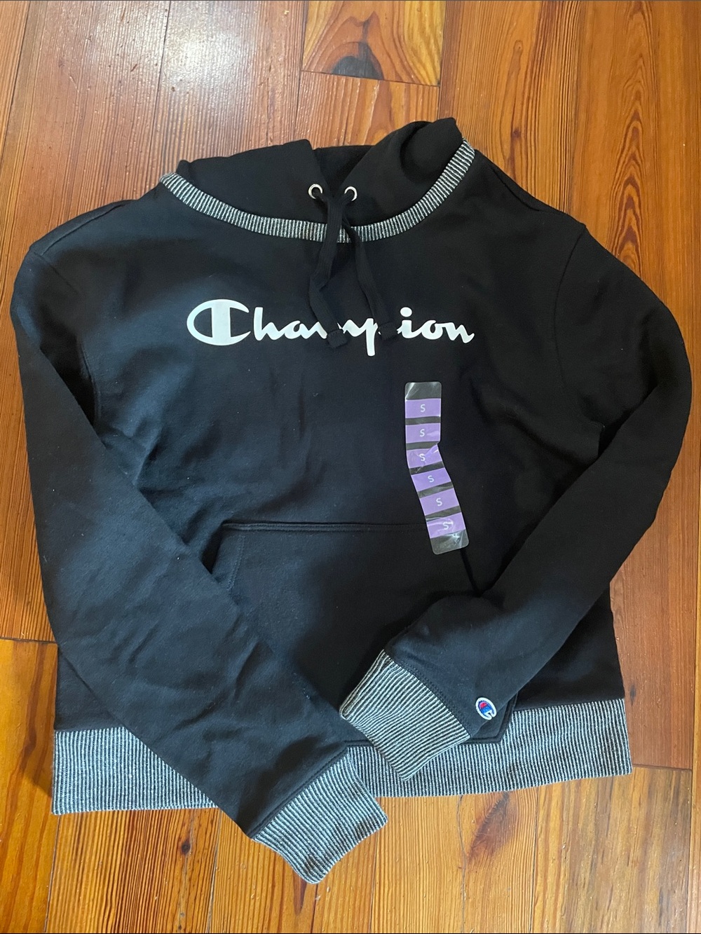 Champion Black Crewneck Sweatshirt with Stripe Rib Trim